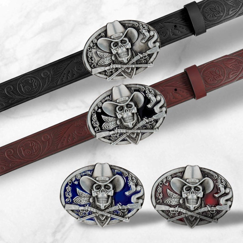 YOQUCOL Ghost Skeleton Skull Belt Buckle for Men American Native Western Cowboy Belt Buckle Black Enamel - Image 5